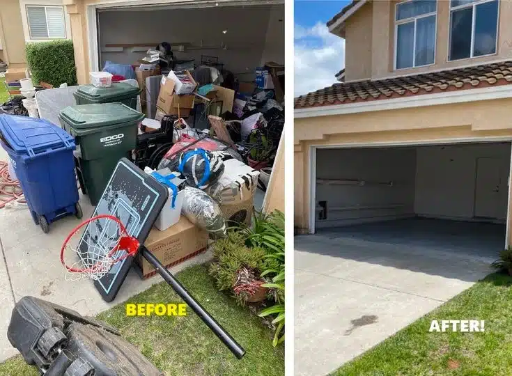 Before and after of a garage cleanout by Junk Removal in Charlotte, NC, showing a clutter-free space.