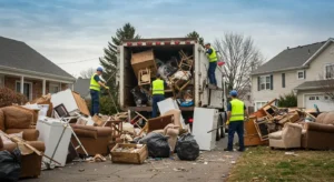 Junk removal cost workers loading furniture and debris into truck in residential cleanup scene busy