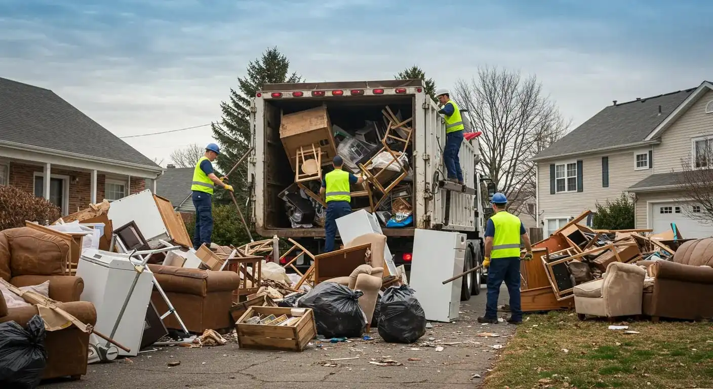 Junk removal cost workers loading furniture and debris into truck in residential cleanup scene busy