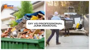 Comparing DIY vs Professional Junk Removal with a loaded dumpster and movers hauling old furniture.