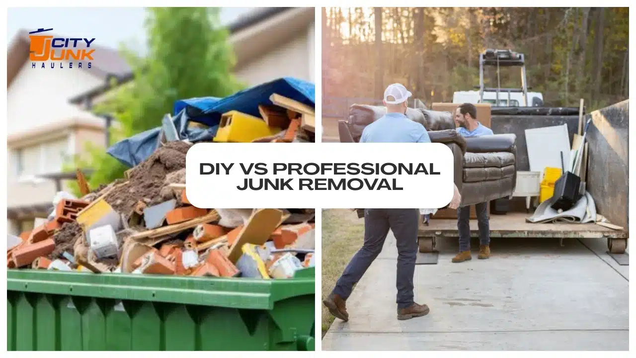 Comparing DIY vs Professional Junk Removal with a loaded dumpster and movers hauling old furniture.