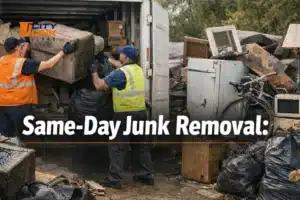 Workers providing Same-Day Junk Removal by loading furniture and bags into a large moving truck.