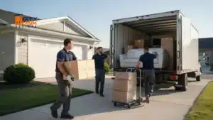Professional movers loading furniture and boxes for the Junk Removal Process into a large truck.